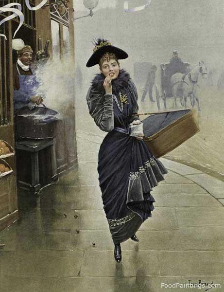 Woman Eating Roasted Nuts Walking Down a City Street, France - Jean Georges Beraud - 1892