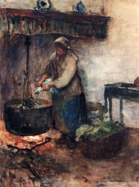A Cottage Interior with a Peasant Woman Preparing Supper - Albert Neuhuys