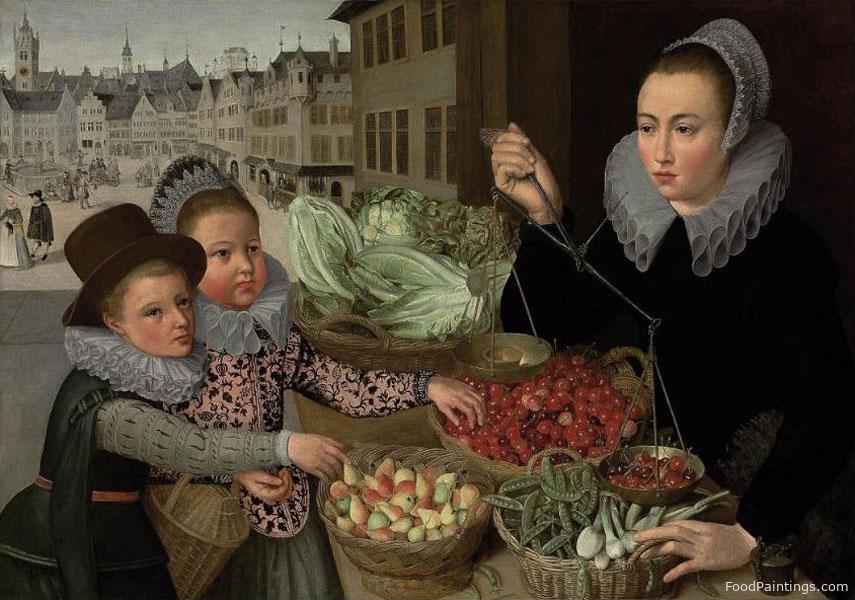 A Market Stand Selling Pears, Cherries, Peas, Leeks and Lettuce, with Two Elegantly Dressed Children, A View of Frankfurt beyond - Georg Flegel