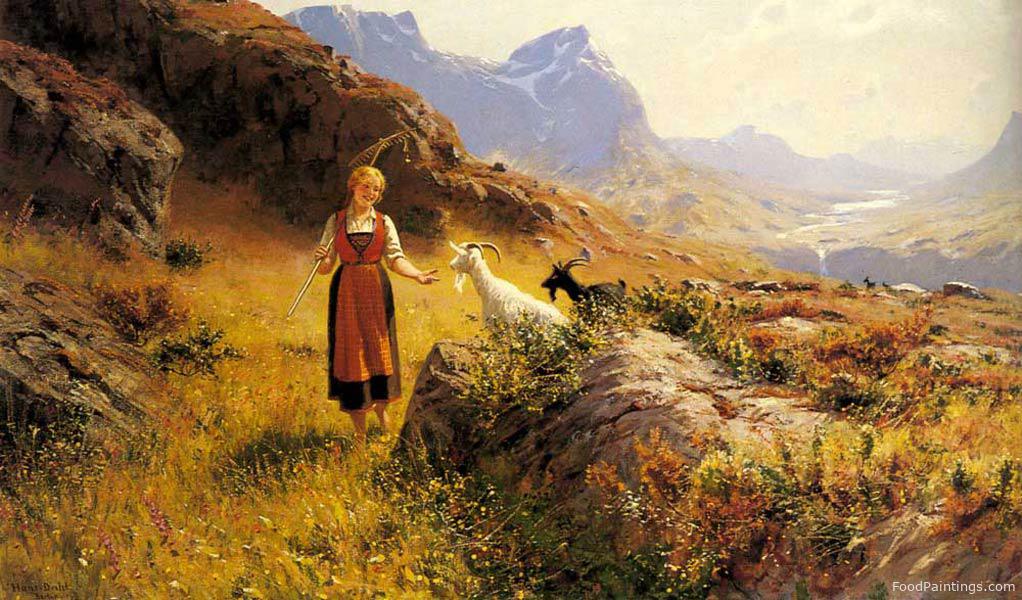 An Alpine Landscape with a Shepherdess and Goats - Hans Dahl