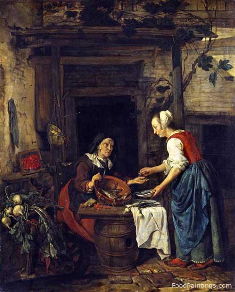 An Old Woman Selling Fish - Gabriel Metsu - 1662