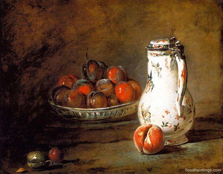 Bowl of Plums, a Peach and Water Pitcher - Jean Baptiste Simeon Chardin - c. 1728-1730