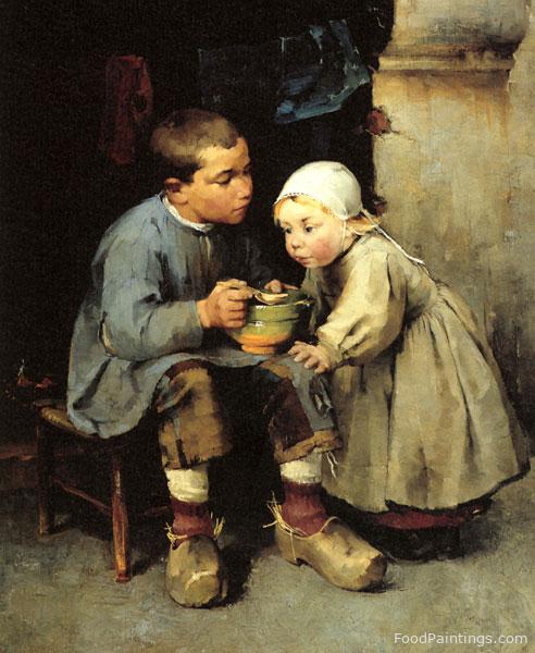 Boy Feeding His Little Sister - Helene Schjerfbeck - 1881