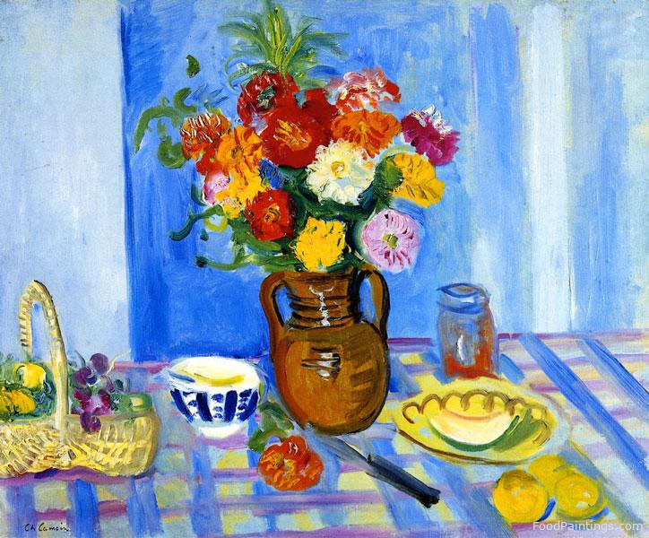 Breakfast with Bouquet of Dahlias and Basket of Grapes - Charles Camoin