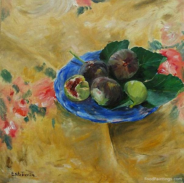 Five Figs from the Garden on a Blue Plate - Mireille Estevenin