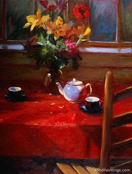 Flowers and Teapot on Red - Pam Ingalls