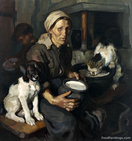 Genre Scene in the Rural Facility: Mother, Child and Pets Snacking on the bench - Pawel Gajewski