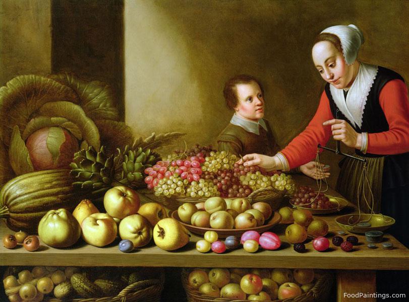 Girl Selling Grapes from a Large Table Laden with Fruit and Vegetables - Floris van Schooten