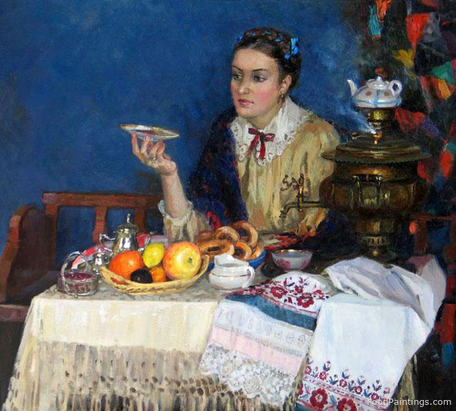 Girl with Samovar - Vasily Kuraksa