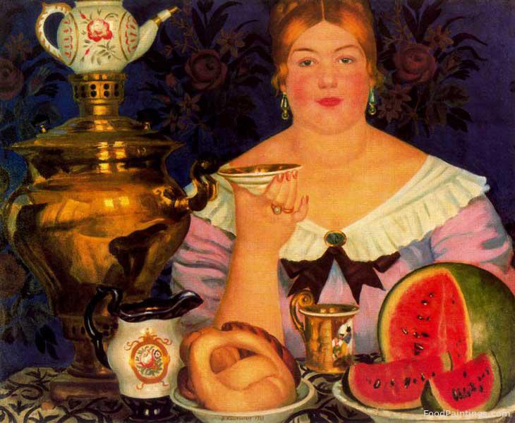 Merchant’s Wife Drinking Tea - Boris Kustodiev - 1923
