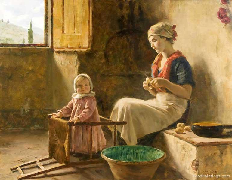 Mother and Child in a Kitchen Interior - Ezio Marzi - 1941
