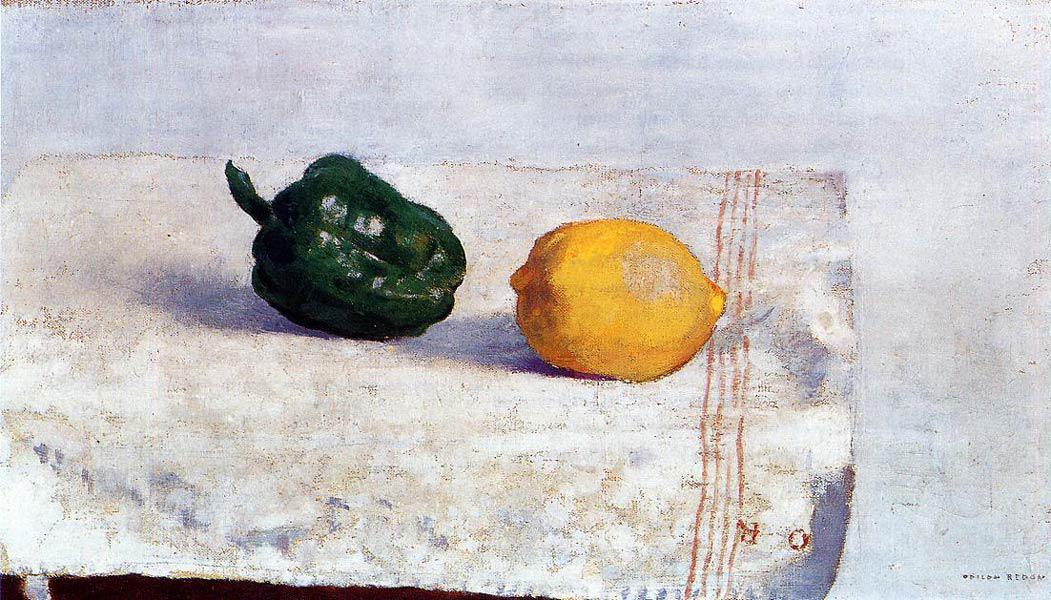 Pepper and Lemon on a White Tablecloth - Odilon Redon - 1901