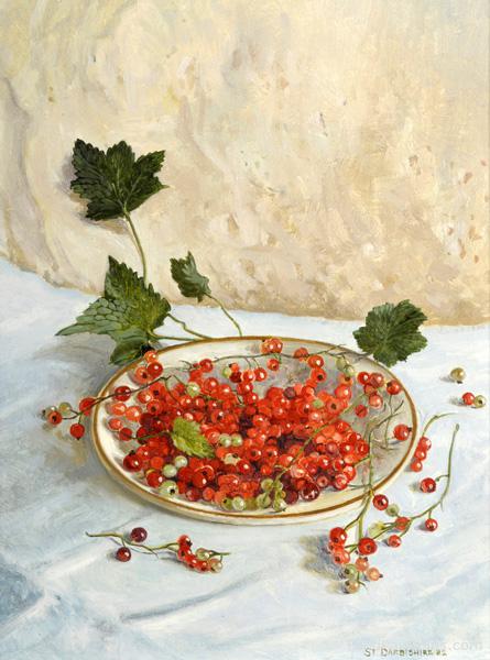 Still Life of Redcurrants, Redcurrant Leaves on a Plate - Stephen Darbishire - 1982