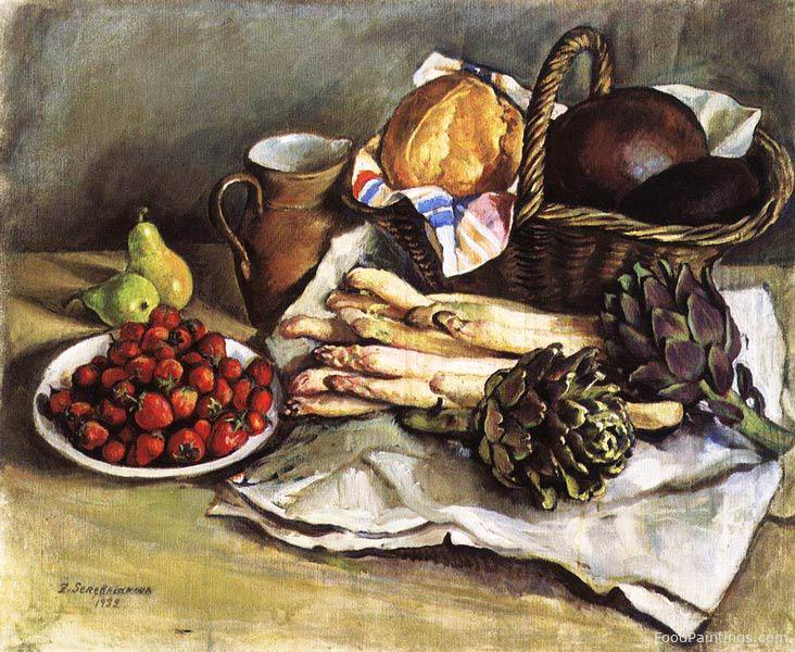 Still Life with Asparagus and Strawberries - Zinaida Serebriakova - 1932