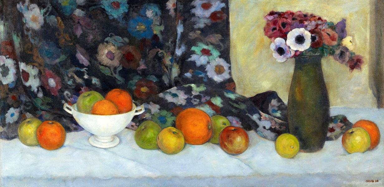 Still Life with Fruit, Floral Fabric and Vase - Emil Orlik - 1930