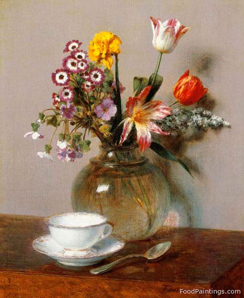Vase of Flowers with Cup of Coffee - Henri Fantin Latour - 1865