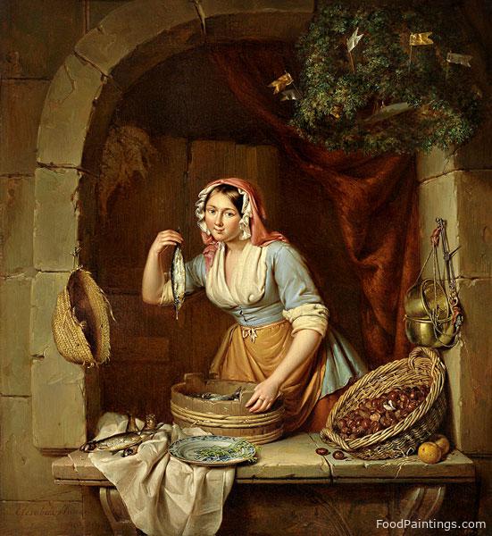 Young Pretty Market Woman Selling Herring and Chestnut - Elisabeth Alida Haanen - 1840