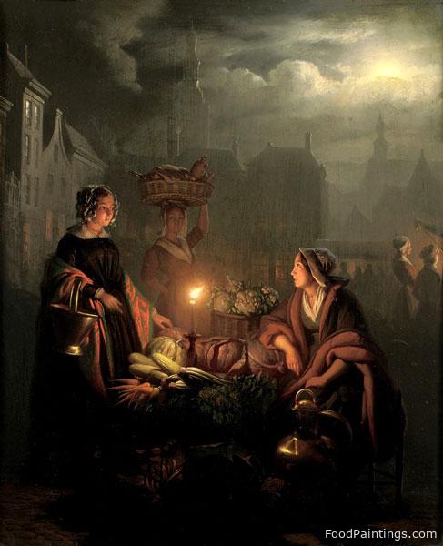 A Busy Night Market with Vegetable Stall - Petrus van Schendel - 1851