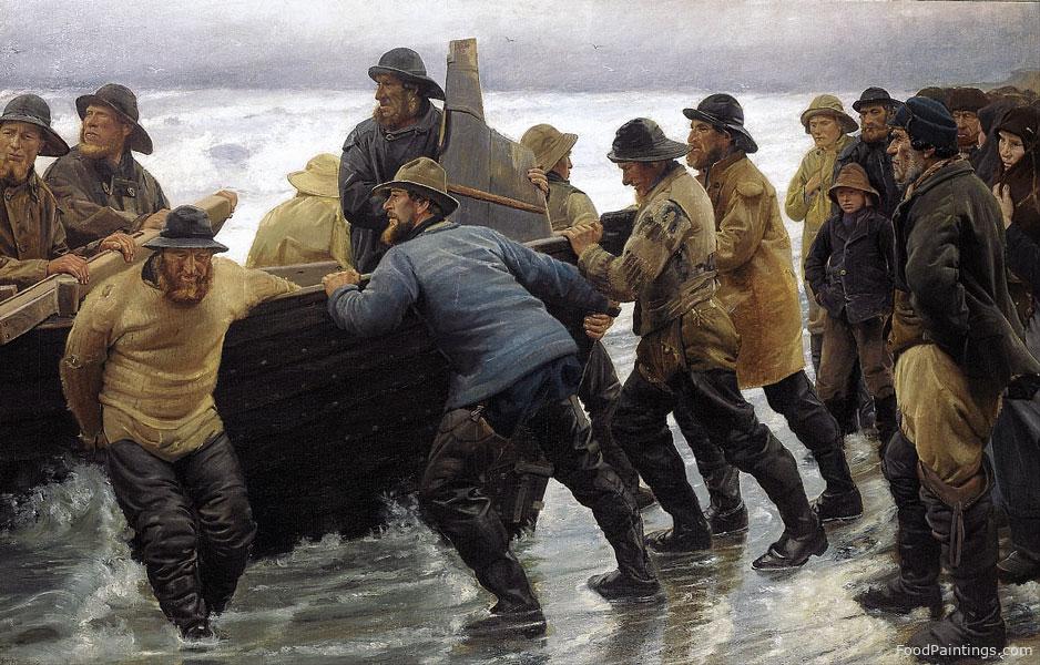 Fishermen Launching a Rowing Boat - Michael Peter Ancher - 1881