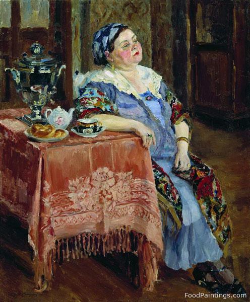 Merchant's Wife at the Samovar - Sergei Arsenyevich Vinogradov - 1936