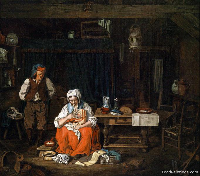 Rural Interior with a Young Mother Feeding Her Baby - Pierre Alexandre Wille