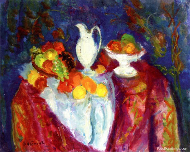 Still Life with White Pitcher and Bowl of Fruit on a Blue Background - Charles Camoin - 1952
