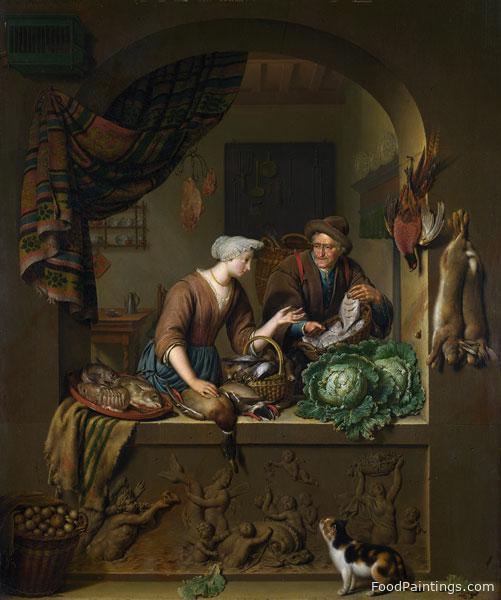 A Woman and a Fish Pedlar in a Kitchen - Willem van Mieris - 1713