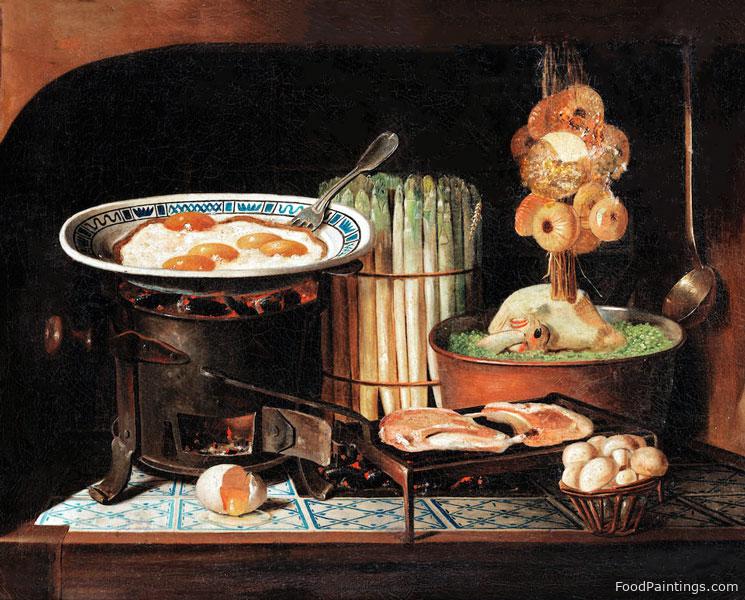 Eggs Cooking on a Stove with Asparagus, Meat and Mushrooms - Gabriel Germain Joncherie - 1842