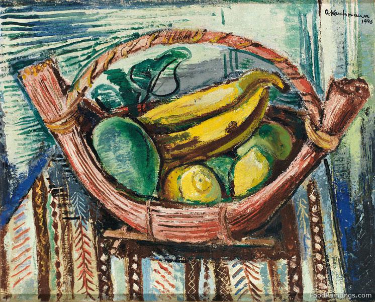 Fruit Basket with Bananas and Lemons on Ornamental Tablecloth - Arthur Kaufmann - 1946