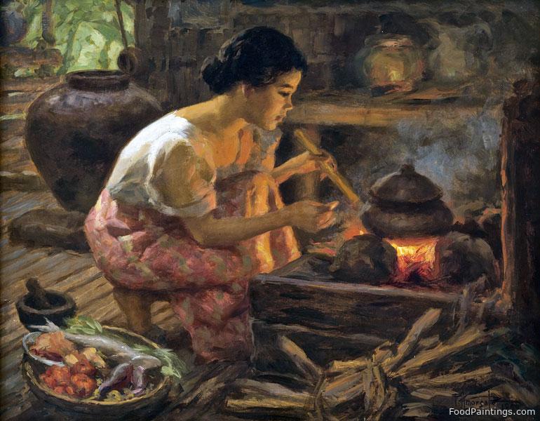 Girl Preparing a Meal - Fernando Amorsolo - 1959