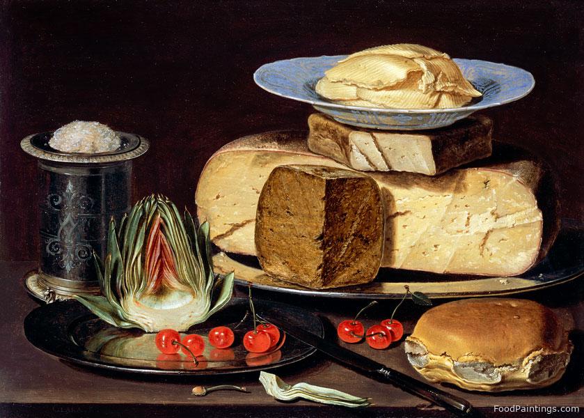 Still Life with Cheeses, Artichoke, and Cherries - Clara Peeters - c. 1625
